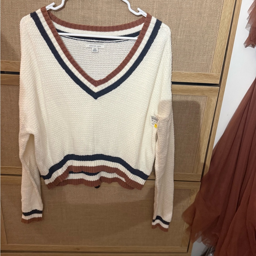 American Eagle Outfitters Cream V-Neck Sweater with Brown and Navy Accents